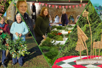 A compilation of images of Christmas wreaths and willow shaped tree, star, reindeer, and people working