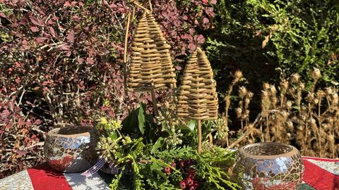 Willow centrepiece made of a weaved christmas trees and a star attached to a log