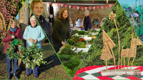 A compilation of images of Christmas wreaths and willow shaped tree, star, reindeer, and people working