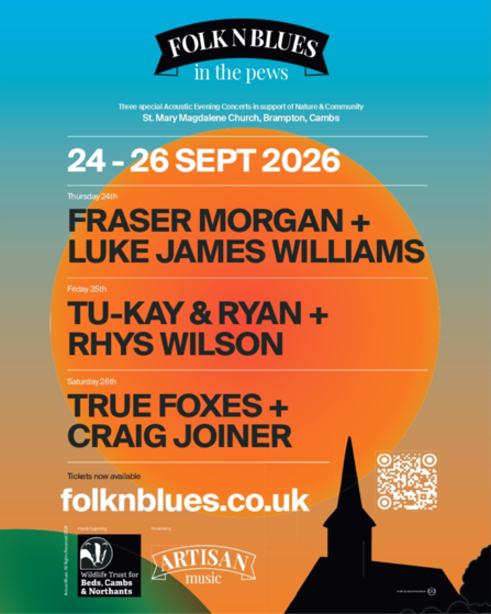 Poster for 'Folk n Blues in the Pews' event - 24-26 spetember 2026 - three acoustic evening concerts in support of  Nature and Community at St. Mary Magdelene Church, Brampton, Cambs.