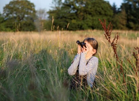 A young girl stands in a tall grass meadow looking up towards the top left through binoculars.